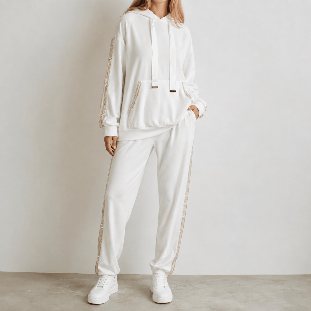 Phoebe - Women's Contrast Side Stripe Hoodie and Tracksuit Set - Outfit Sets - White - Davies & Cooper