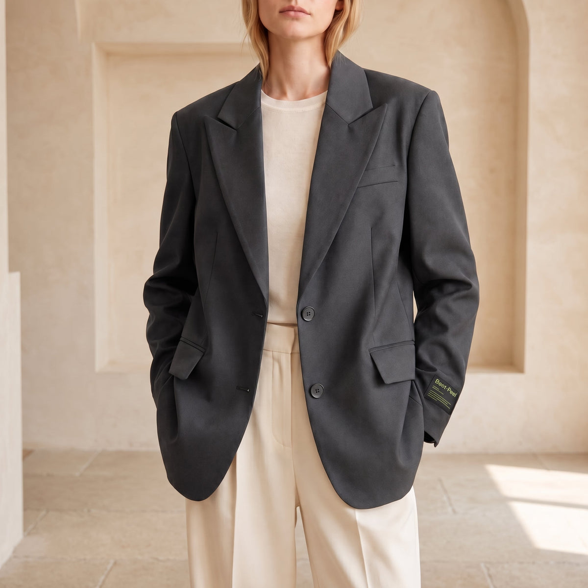 Sarah - Women's Oversized Single-Breasted Blazer - Grey