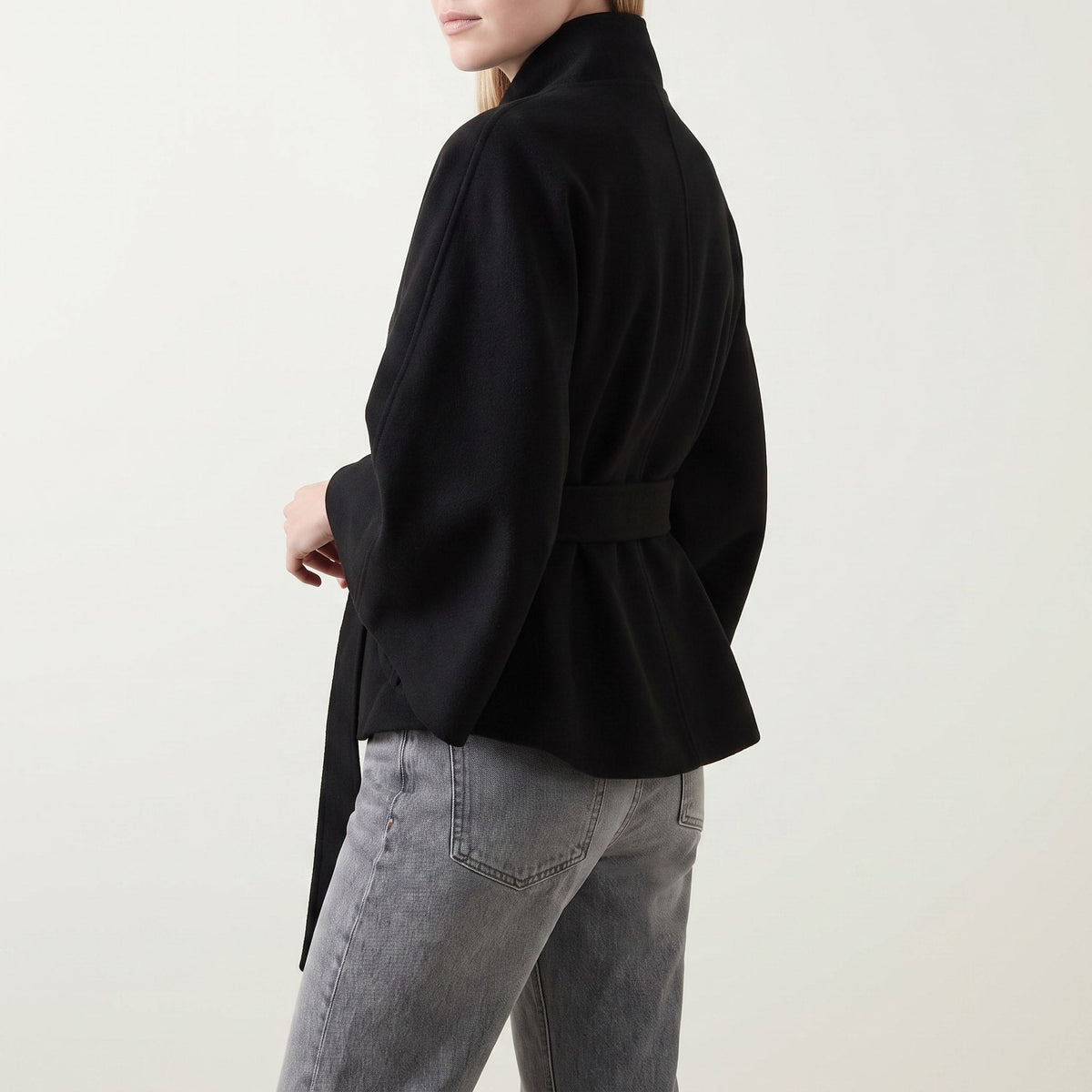Sophie - Women's Cape Coat with High Collar and Tie Belt - Capes - Black - Davies & Cooper