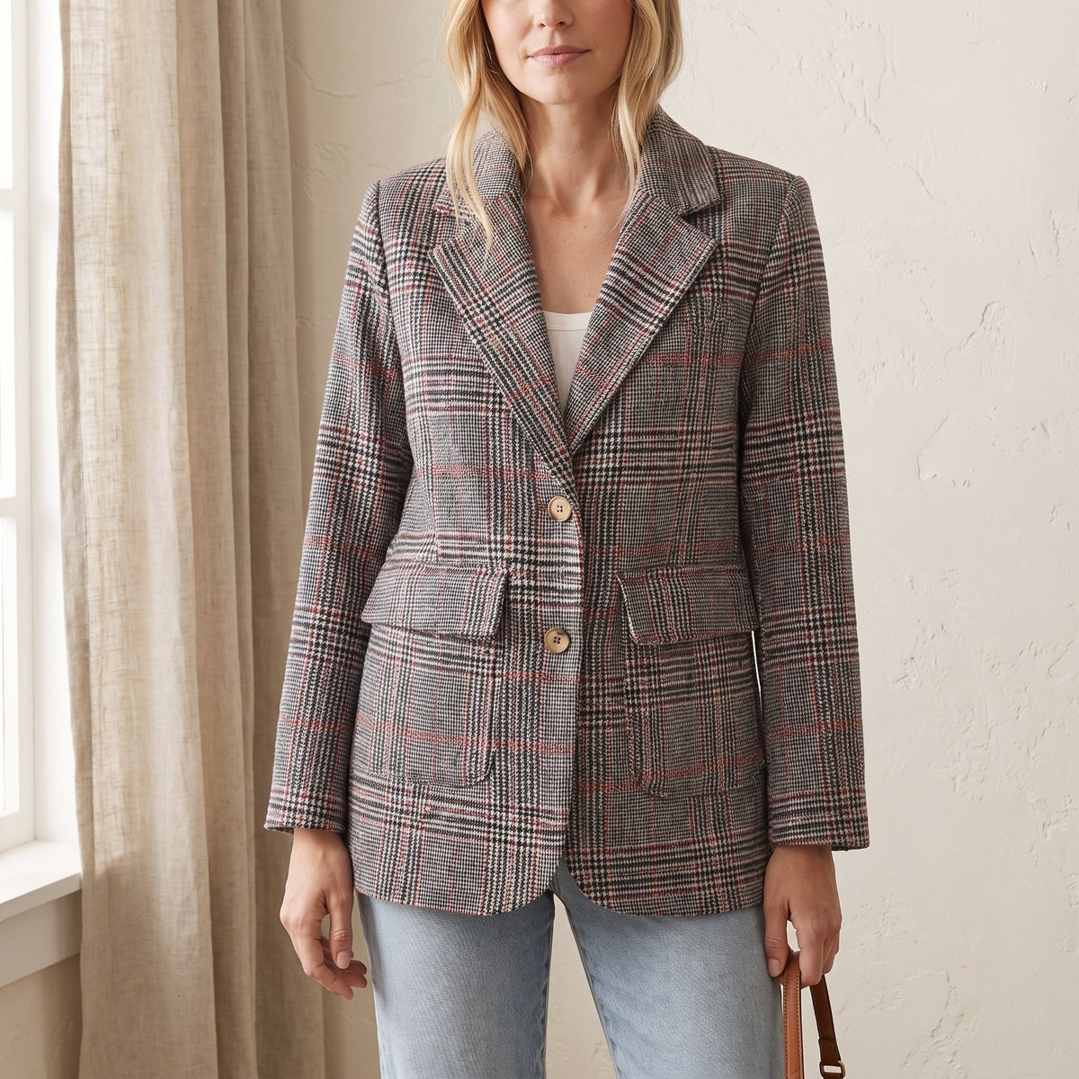 Sophie - Women's Double-Breasted Checked Blazer with Notch Lapel - Blazers - Brown - Davies & Cooper