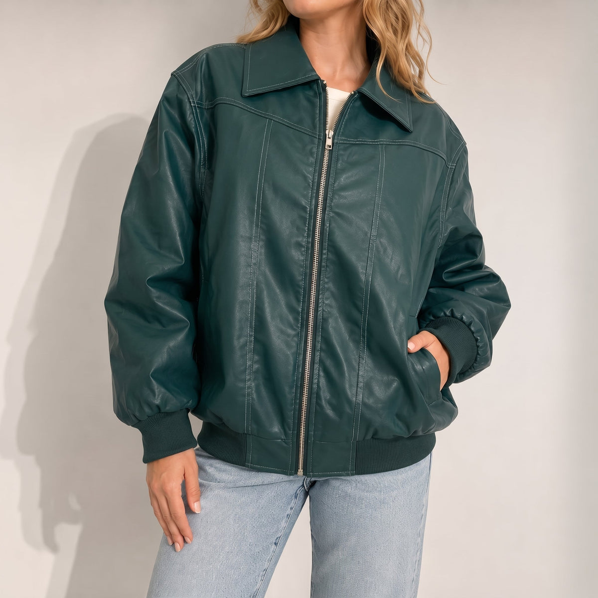 Sophie - Women's Oversized Cropped Jacket with Contrast Stitching - Coats & Jackets - Green - Davies & Cooper