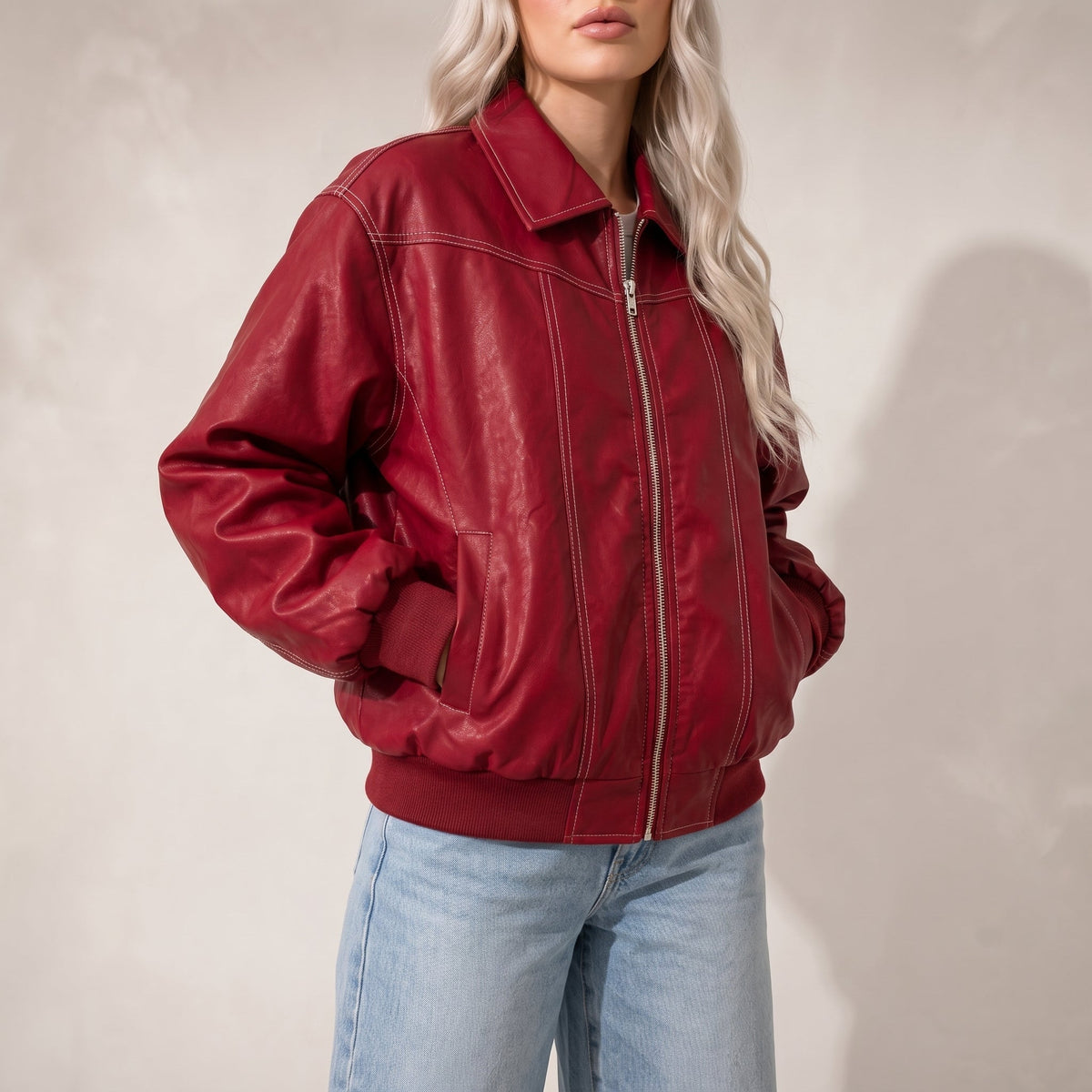 Sophie - Women's Oversized Cropped Jacket with Contrast Stitching - Coats & Jackets - Red - Davies & Cooper